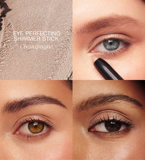 Eye Perfecting Shimmer Stick in der Nuance Champagne zeigt Textur und Anwendung auf verschiedenen Augenfarben