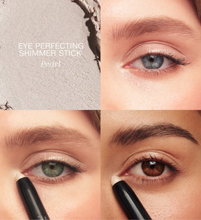 Mini Eye Shimmer Set: Eye Perfecting Shimmer Stick Pearl Textur-Swatch und Anwendung auf blauen, grünen und braunen Augen.