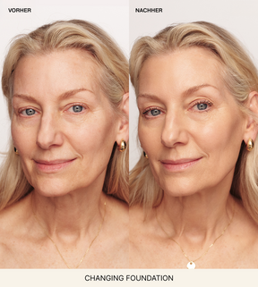 Changing Foundation Vorher-Nachher-Vergleich bei einer Frau mit reifer Haut, die Rötungen und Unregelmäßigkeiten für einen natürlichen Look kaschiert