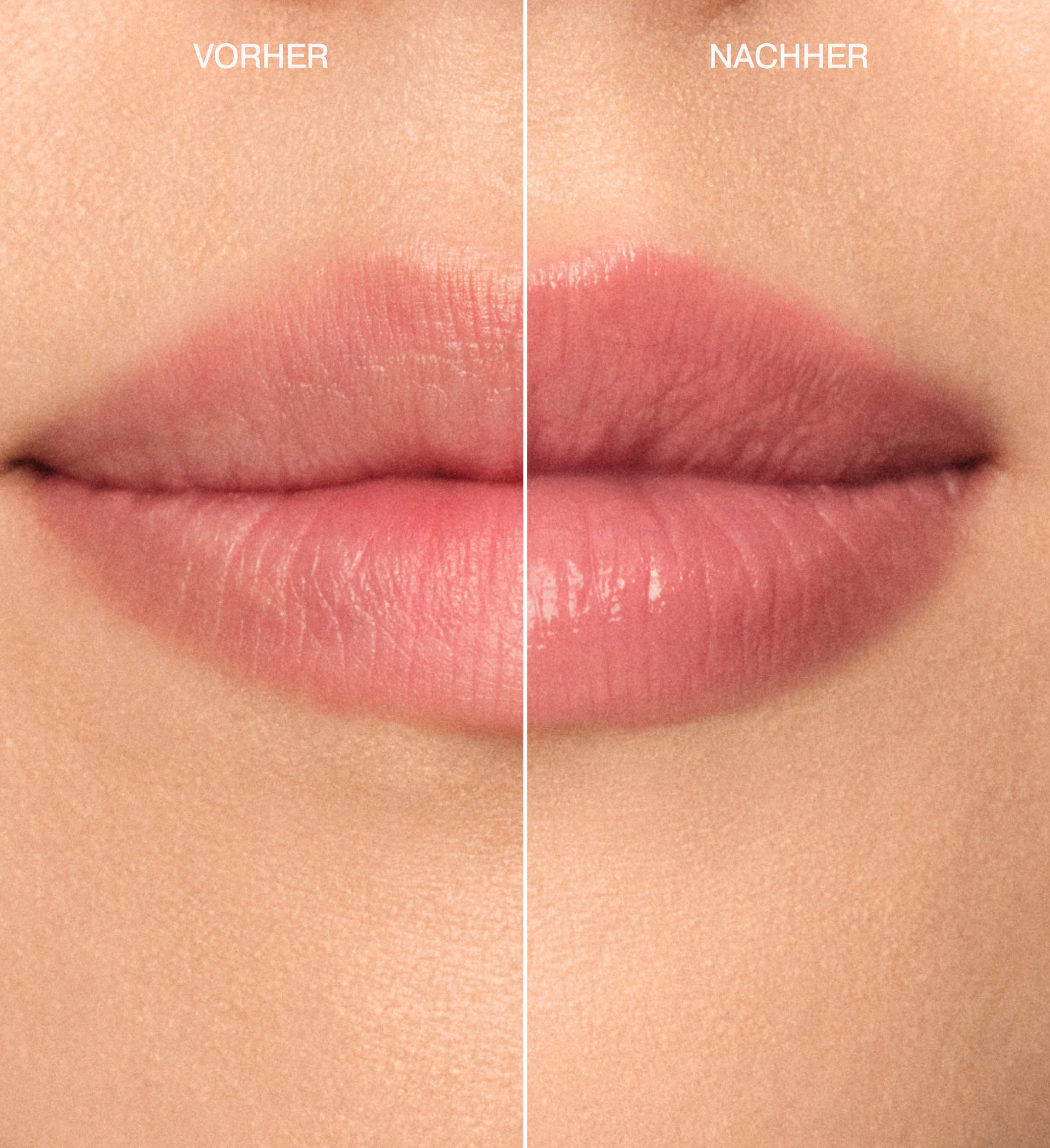 Hydrating Lip Tint in Dusty Rose Vorher-Nachher-Vergleich für dezenten Glanz und Farbe auf hydratisierten Lippen.