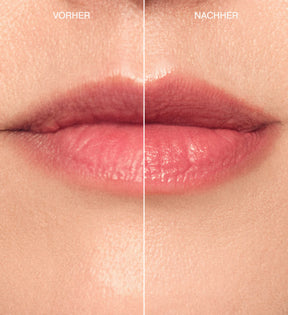 Hydrating Lip Tint Vorher-Nachher-Vergleich von Meroda Cosmetics für glänzende Lippen in Peachy Rose.
