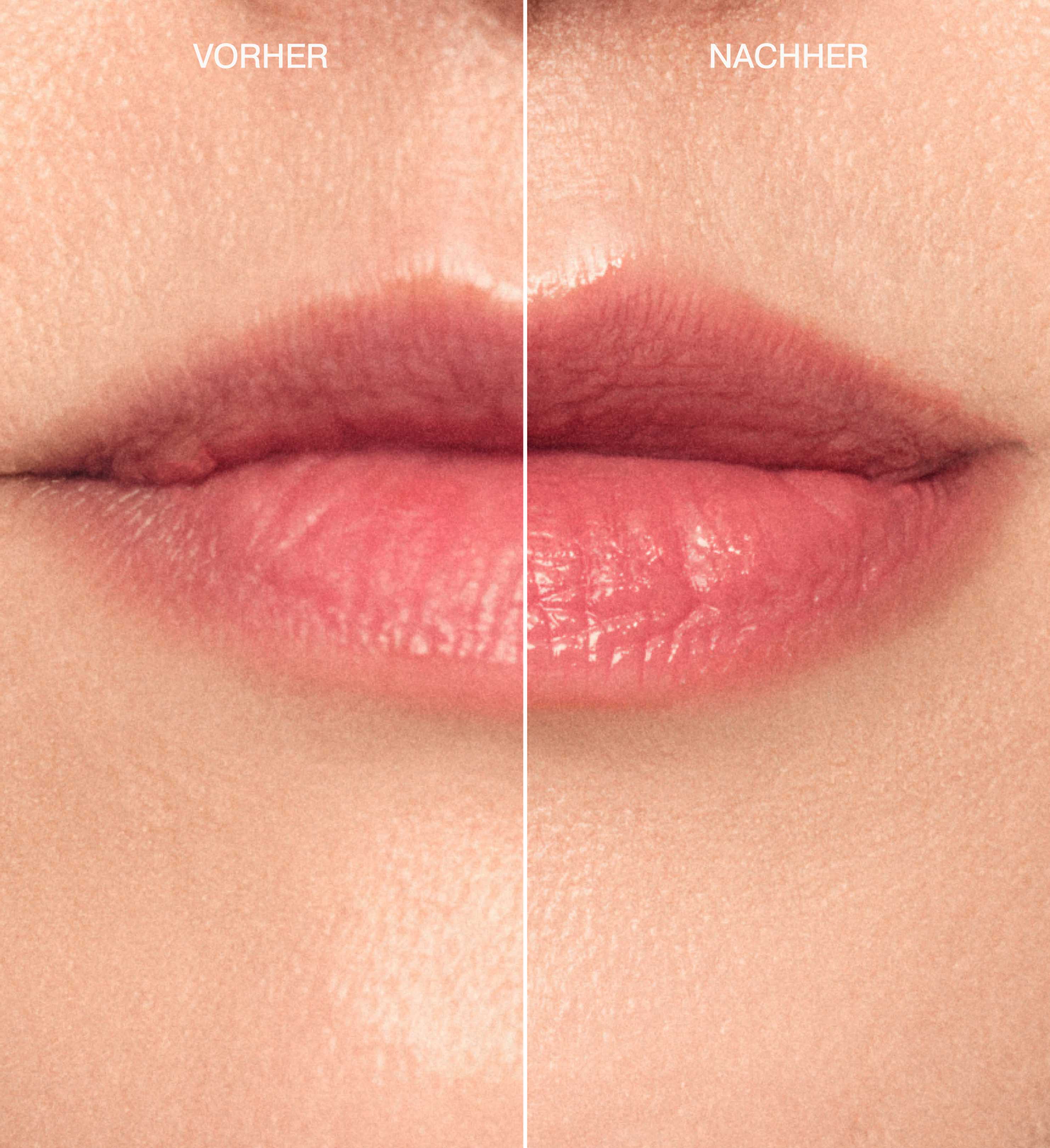 Hydrating Lip Tint Vorher-Nachher-Vergleich von Meroda Cosmetics für glänzende Lippen in Peachy Rose.