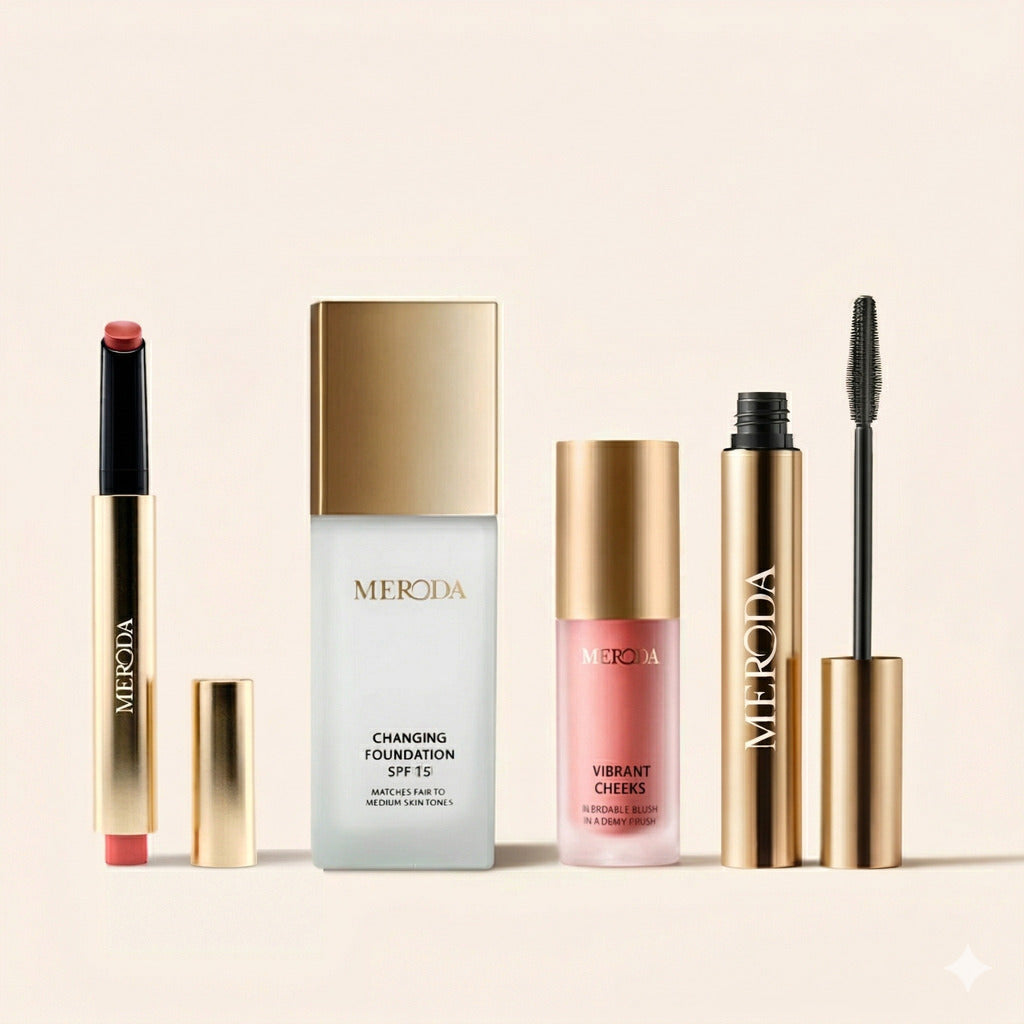 On The Go Bundle mit Changing Foundation, Gilded Lashes Mascara, Vibrant Cheek Blush und Hydrating Lip Tint.