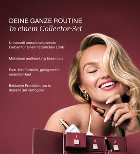 Lächelndes blondes Model hält einen Lippenstift neben einem offenen Adventskalender mit Beauty-Produkten.