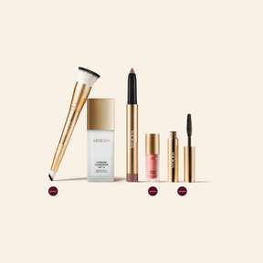 Essential Duo (+3 GRATIS-GESCHENKE) mit goldener Changing Foundation, Eye Shimmer Stick, Pinsel, Mini Blush und Mascara.