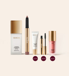 Meroda Cosmetics Essential Duo (+3 GRATISGESCHENKE) mit Changing Foundation, Eye Perfecting Shimmer Stick, Velvet Skin Primer, Gilded Lashes Mascara und Vibrant Cheeks Blush