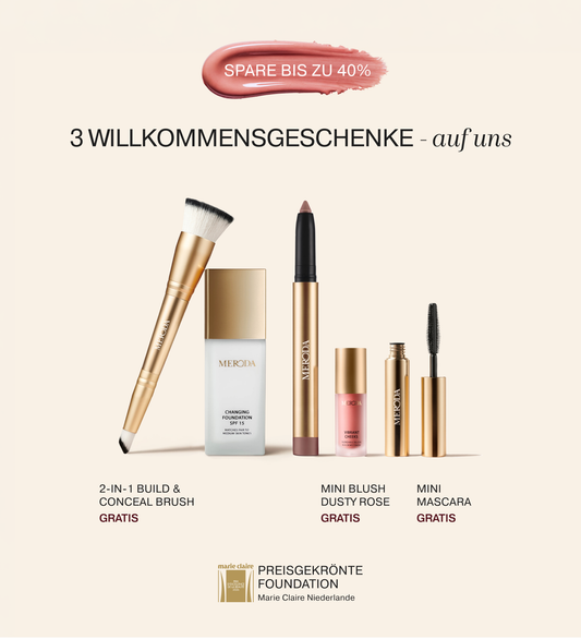 Essential Duo mit Changing Foundation, Eye Perfecting Shimmer Stick und drei Gratis-Geschenken auf beigem Hintergrund.