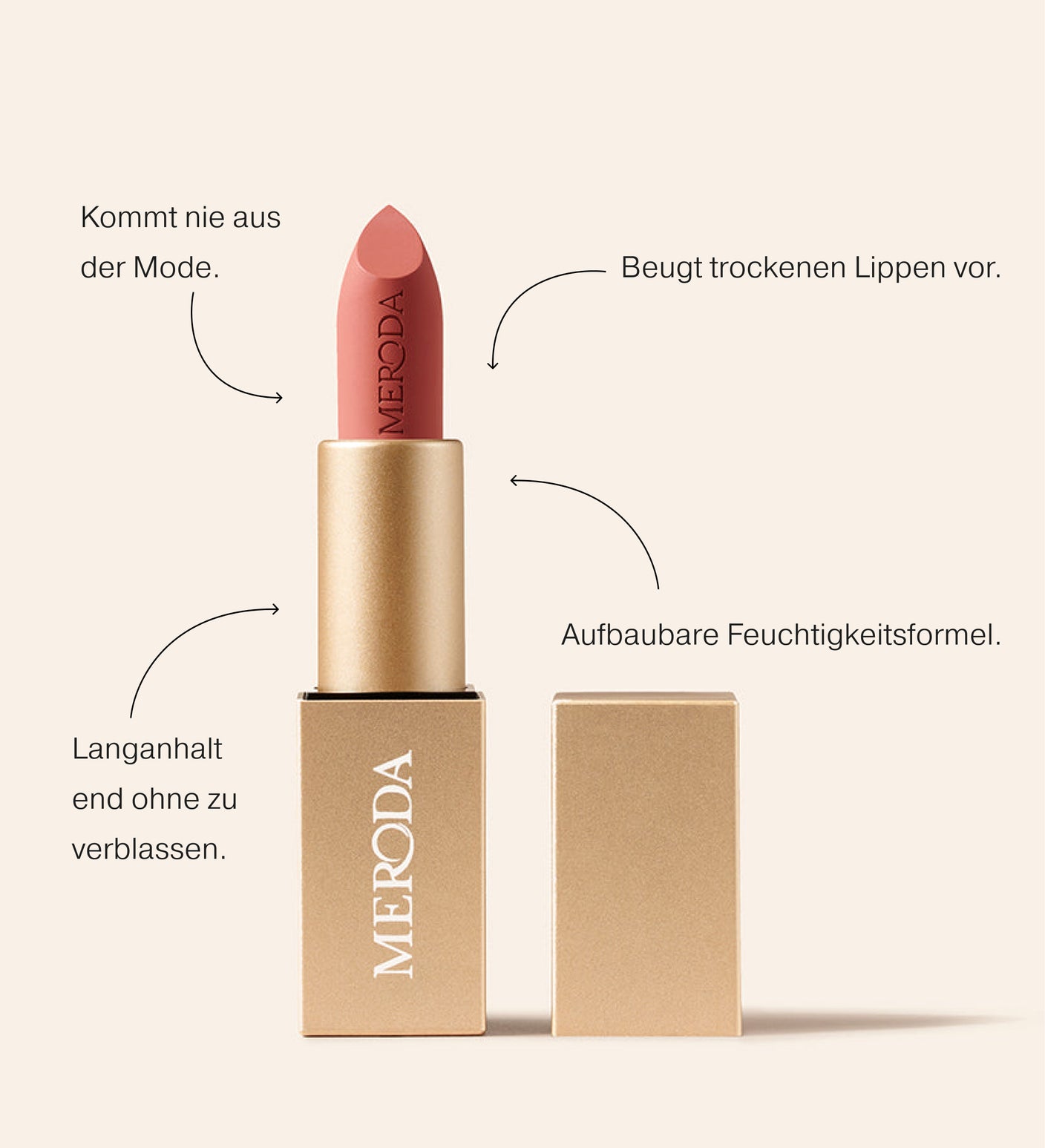 Velvet Dream Lipstick in Perfect Nude mit feuchtigkeitsspendender matter Formel und luxuriöser Goldhülse.
