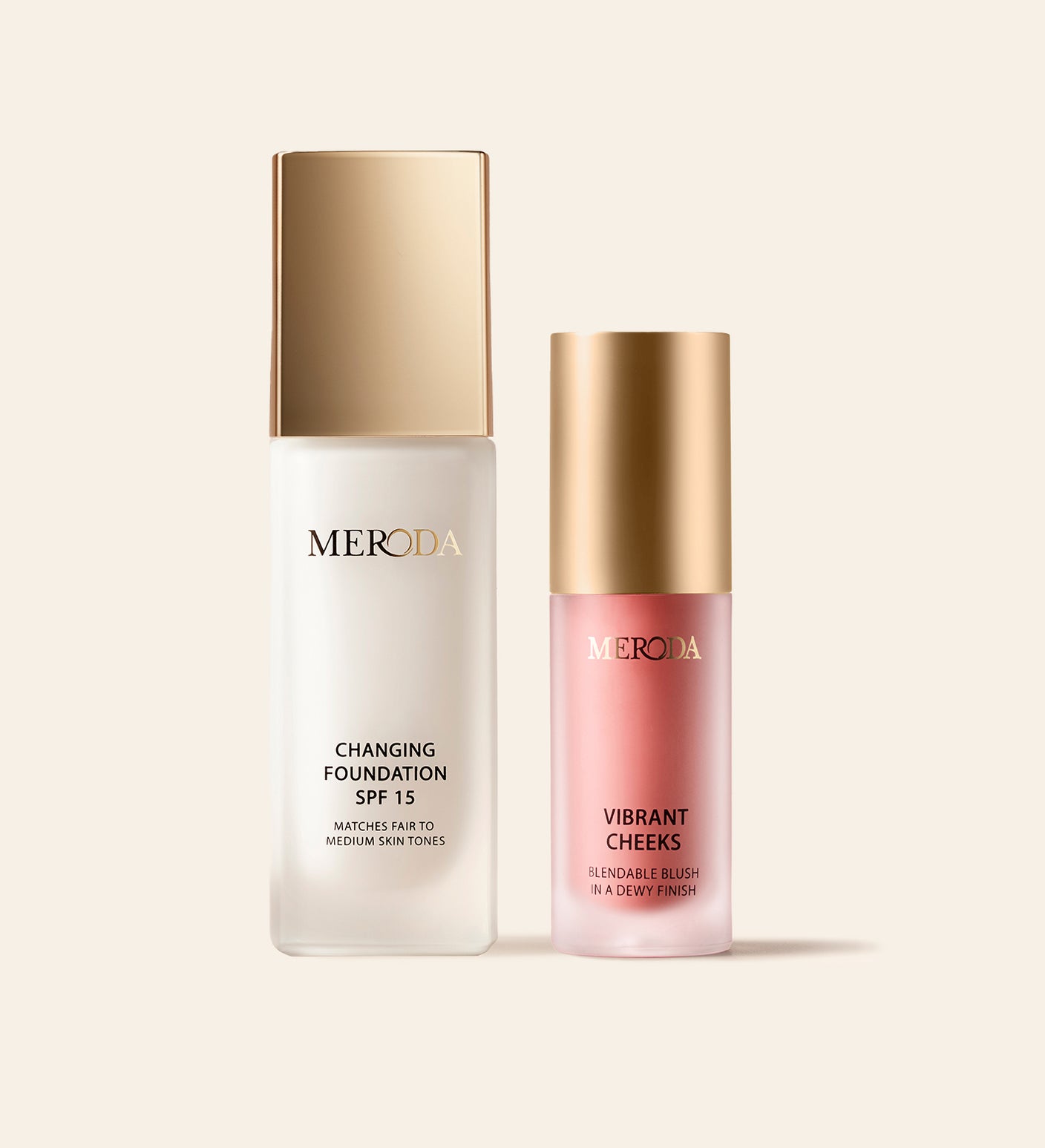 Vibrant Skin Duo mit Changing Foundation und Vibrant Cheeks Liquid Blush auf einem hellen Hintergrund
