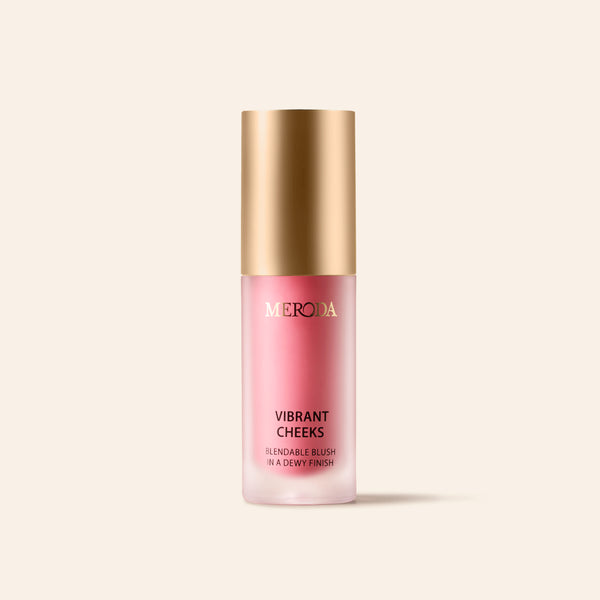 Meroda Cosmetics Vibrant Cheeks Liquid Blush in Pink Peony auf einem beigen Hintergrund.