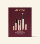 Soft Touch Trio Make-up-Set mit Eye Shimmer Stick, Liquid Blush und Lip Tint vor burgunderrotem Hintergrund.