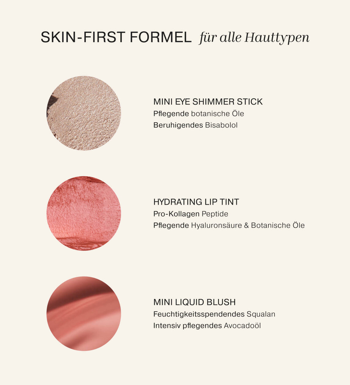 Soft Touch Trio Inhaltsstoff-Infografik mit Produkttexturen und pflegenden botanischen Ölen für alle Hauttypen.
