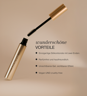 The Precision Brow Gel Tube und Silikonbürste mit Fokus auf unsichtbarem Halt und veganer Formel.