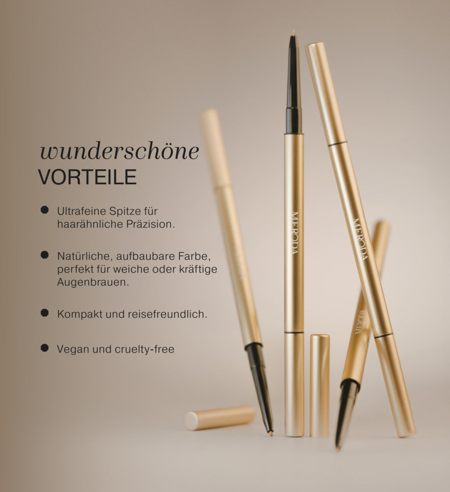 The Precision Brow Pencil in Cool Brown hebt wunderschöne Vorteile wie haarähnliche Präzision und aufbaubare Farbe hervor