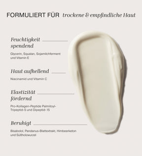 Daily Face SPF 40 Inhaltsstoffe wie Niacinamid und Squalan neben einer cremigen, weissen Texturprobe.