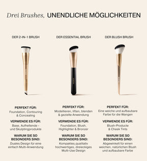 Vergleichstabelle mit The 2-in-1 Brush, The Essential Brush und The Blush Brush mit Details zu ihren einzigartigen Eigenschaften und empfohlenen Anwendungen