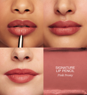 The Valentines Bundle mit Signature Lip Pencil in Pink Peony, gezeigt als Anwendung auf den Lippen und Swatch.