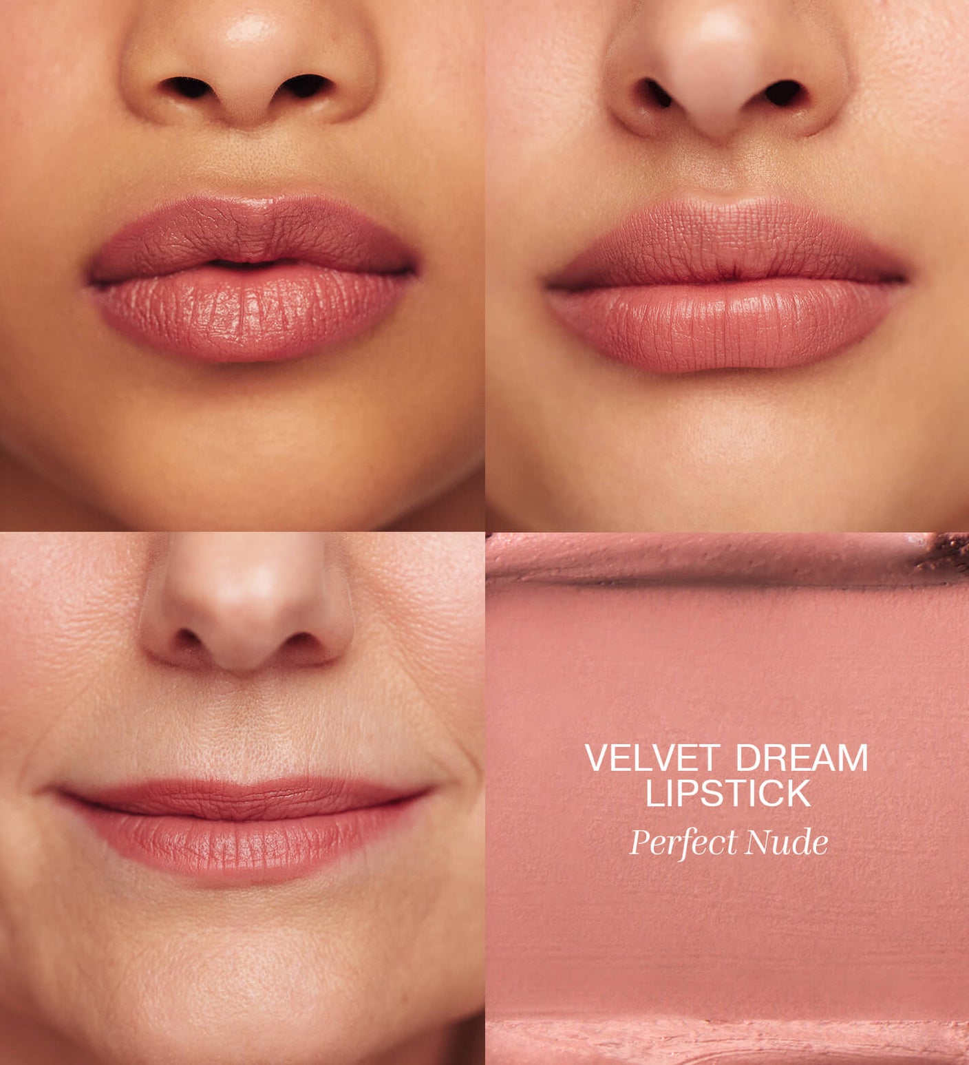 Velvet Dream Lipstick in Perfect Nude Auftrag auf den Lippen und Textur-Swatch