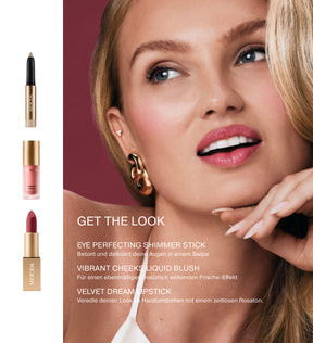 Nahaufnahme eines Models mit dem kompletten Make-up-Look aus dem Adventskalender, begleitet von ausgewählten Kosmetikprodukten.