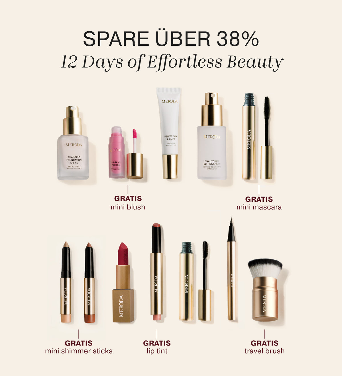 Meroda Cosmetics Adventskalender Produktlinie mit Foundation, Primer, Make-up-Pinseln und Beauty-Essentials.