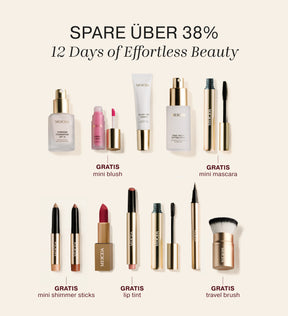 Meroda Cosmetics Adventskalender Produktlinie mit Foundation, Primer, Make-up-Pinseln und Beauty-Essentials.