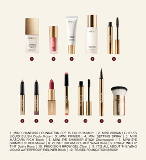 Flatlay der 12 Beauty-Produkte des Adventskalenders mit Make-up-Essentials und Pinseln.