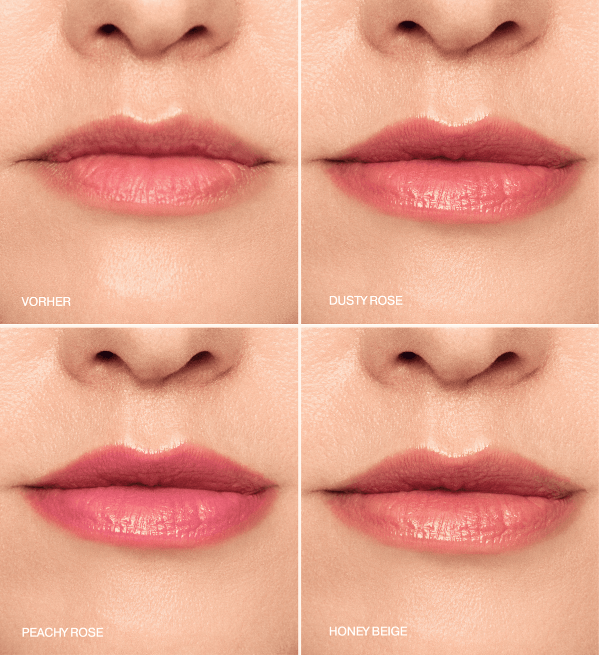 Mini Lip Tint Trio mit Vorher- und Nachher-Vergleich der Nuancen Dusty Rose, Peachy Rose und Honey Beige auf den Lippen.