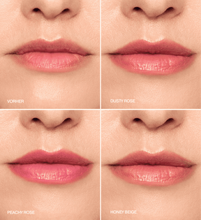 Mini Lip Tint Trio mit Vorher- und Nachher-Vergleich der Nuancen Dusty Rose, Peachy Rose und Honey Beige auf den Lippen.