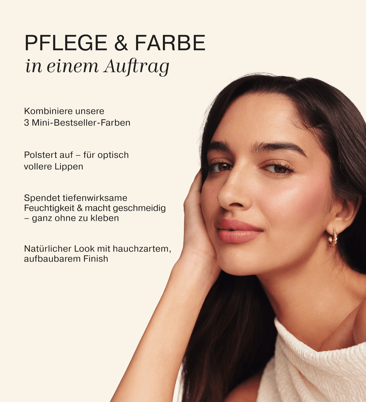 Mini Lip Tint Trio Vorteile präsentiert an einem Model mit hydratisierten Lippen und natürlichem Finish.