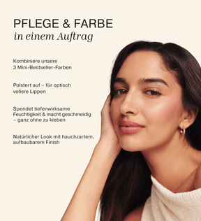 Mini Lip Tint Trio Vorteile präsentiert an einem Model mit hydratisierten Lippen und natürlichem Finish.