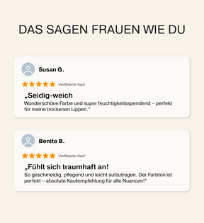 Mini Lip Tint Trio Kundenbewertungen zeigen positives Feedback zu Feuchtigkeit und geschmeidiger Textur.