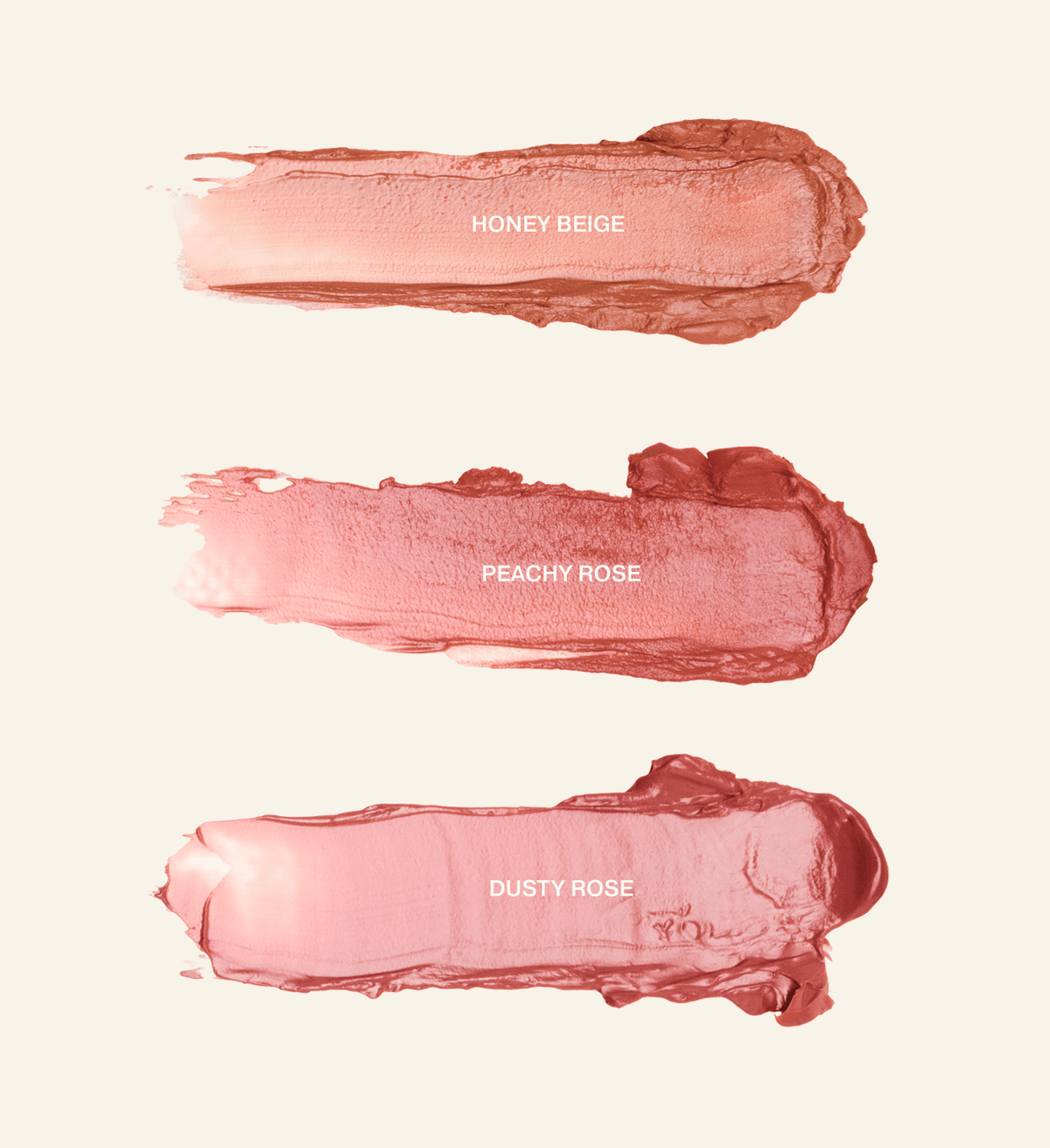 Mini Lip Tint Trio mit Texturschwaetze der Nuancen Honey Beige, Peachy Rose und Dusty Rose.