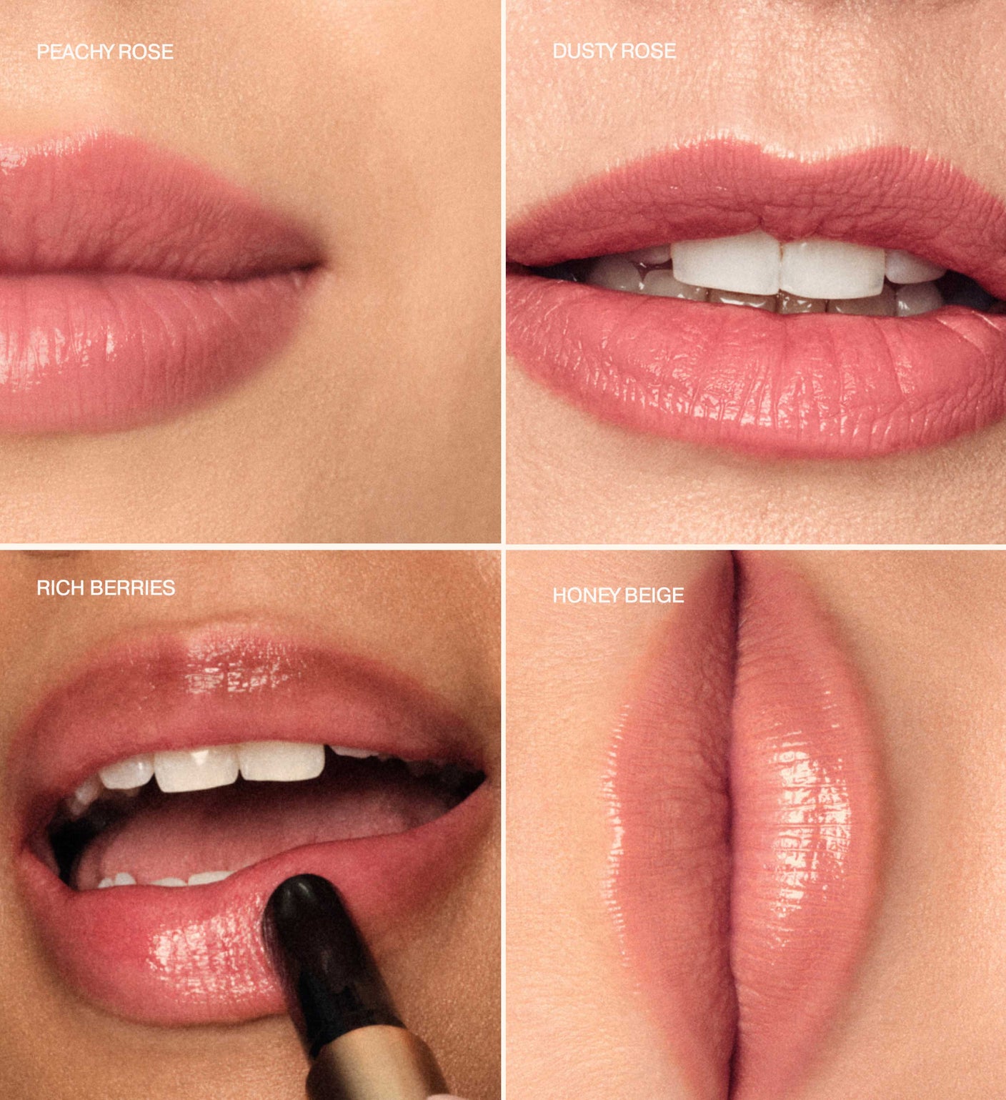 Hydrating Lip Tint in den Nuancen Peachy Rose, Dusty Rose, Rich Berries und Honey Beige für natürliche Lippen.