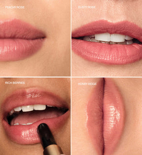 Hydrating Lip Tint in den Nuancen Peachy Rose, Dusty Rose, Rich Berries und Honey Beige für natürliche Lippen.