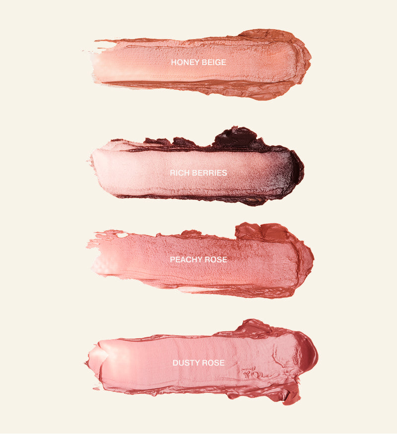 Hydrating Lip Tint Textur-Swatches in Honey Beige, Rich Berries, Peachy Rose und Dusty Rose mit balsamartigem Finish