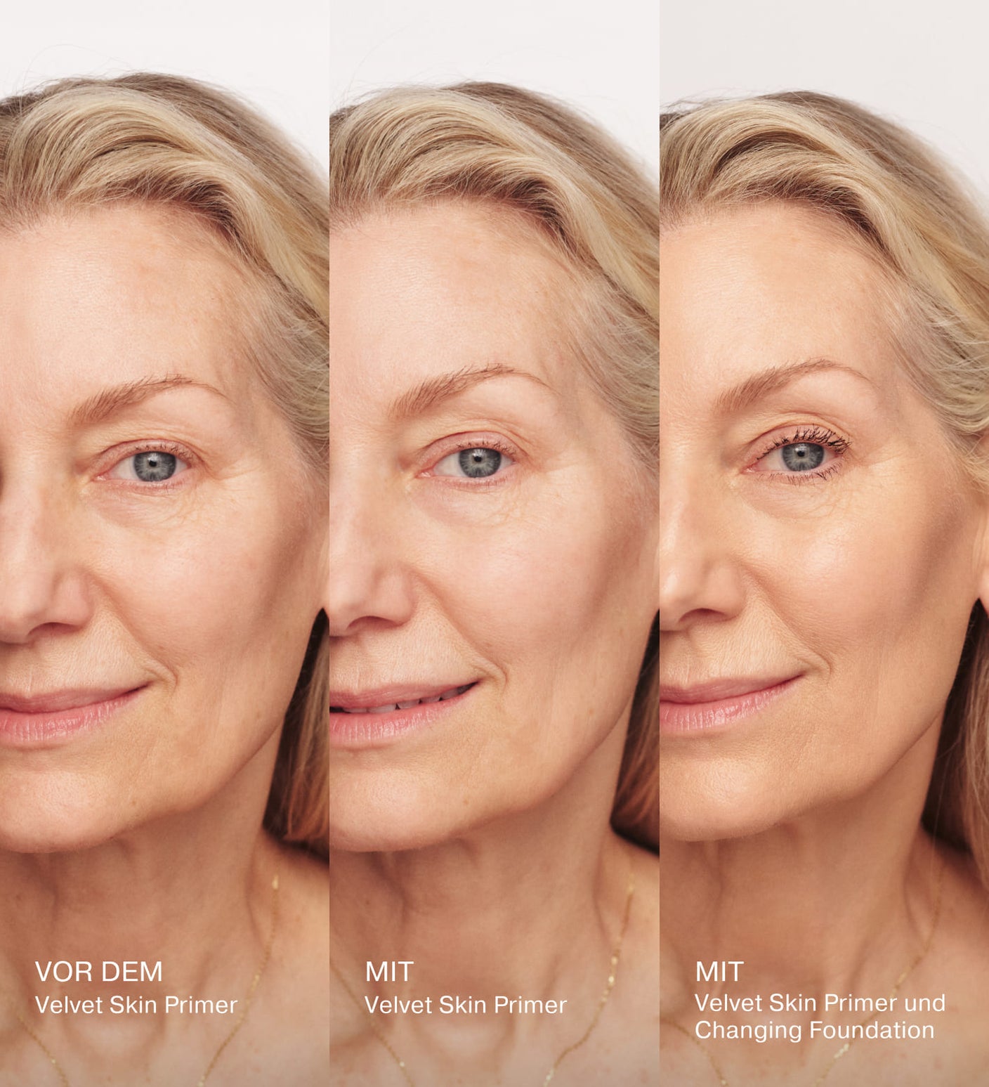 Velvet Skin Primer Vorher-und-Nachher-Demonstration mit Hautglättung, Porenverfeinerung und Foundation-Auftrag auf einem Model