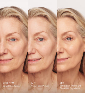 Velvet Skin Primer Vorher-und-Nachher-Demonstration mit Hautglättung, Porenverfeinerung und Foundation-Auftrag auf einem Model