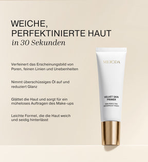 Velvet Skin Primer Tube in Weiss mit goldener Kappe vor beigem Hintergrund mit deutschen Produktvorteilen