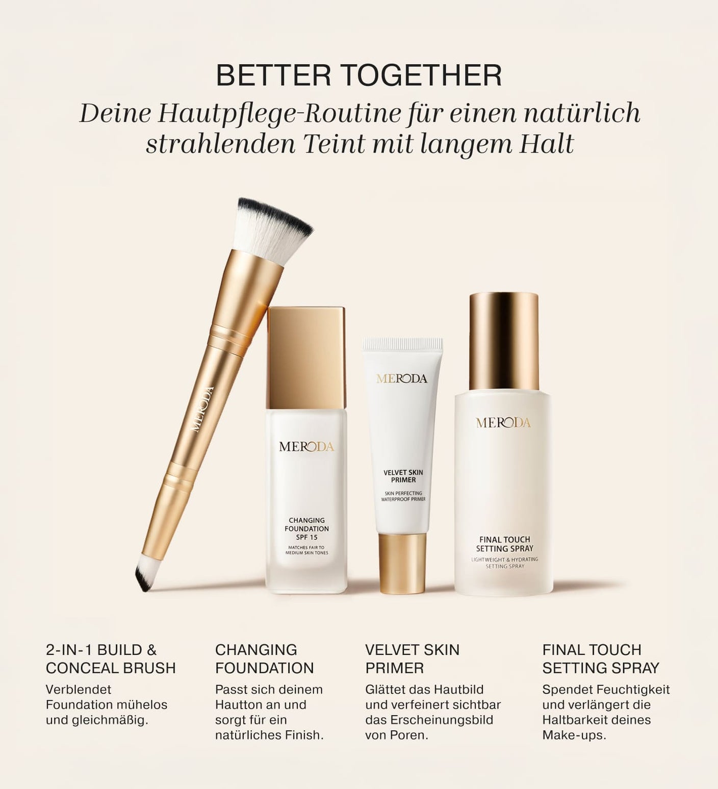 Velvet Skin Primer Bundle mit Foundation Pinsel, Changing Foundation, Velvet Skin Primer und Final Touch Setting Spray auf einem beigen Hintergrund