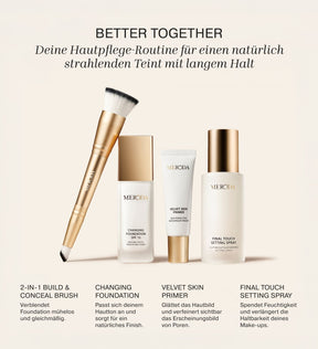 Velvet Skin Primer Bundle mit Foundation Pinsel, Changing Foundation, Velvet Skin Primer und Final Touch Setting Spray auf einem beigen Hintergrund