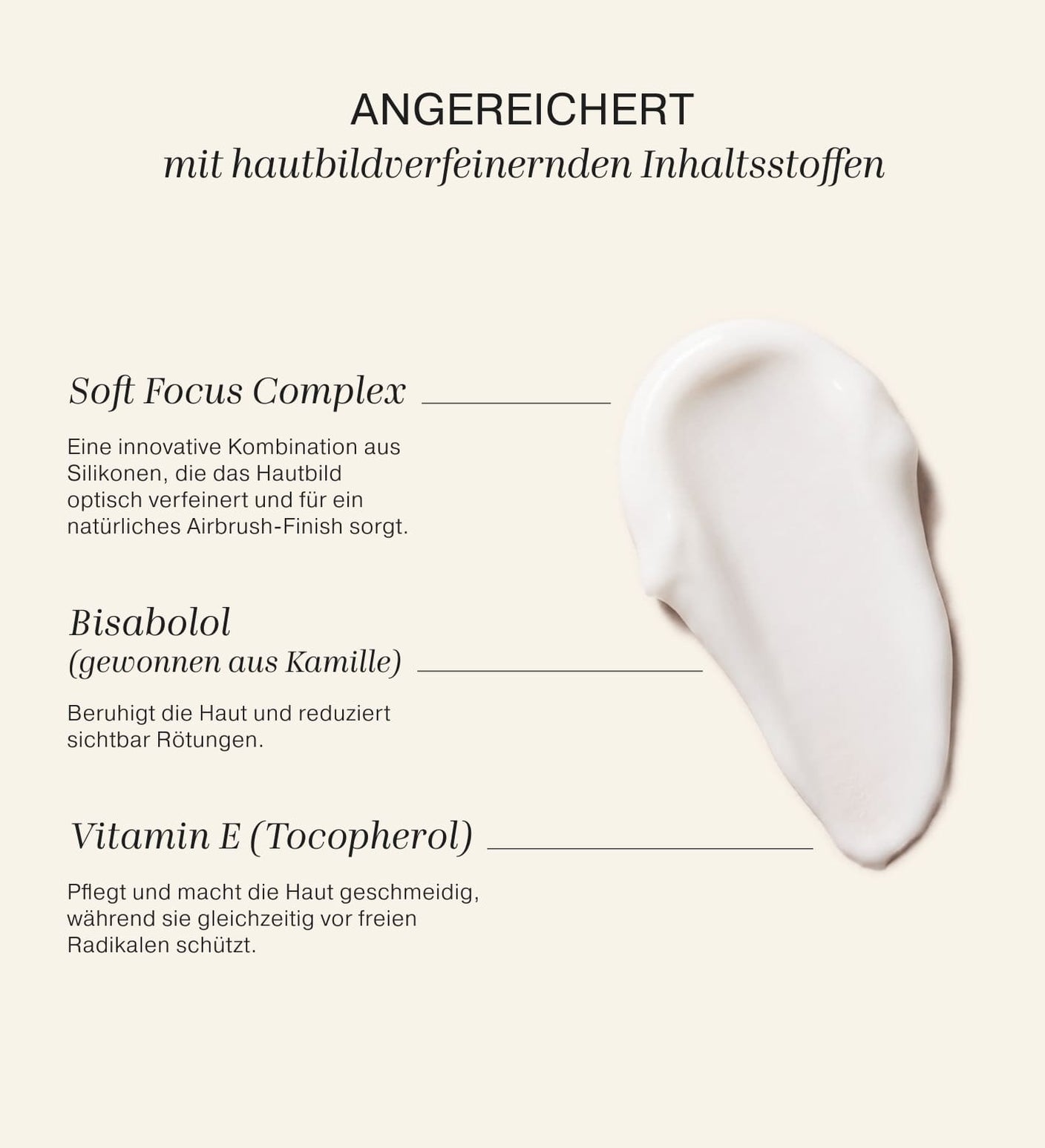 Velvet Skin Primer Swatch mit deutschem Text zu wichtigen Inhaltsstoffen wie Soft Focus Complex, Bisabolol und Vitamin E