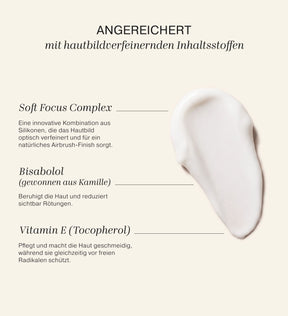 Velvet Skin Primer Swatch mit deutschem Text zu wichtigen Inhaltsstoffen wie Soft Focus Complex, Bisabolol und Vitamin E