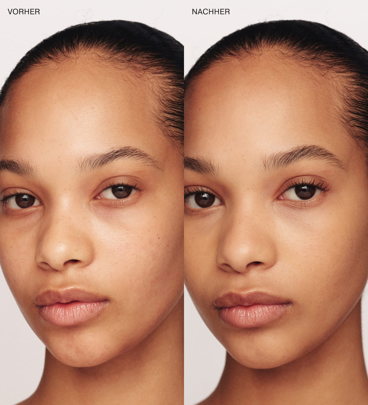 Velvet Skin Primer Vorher-Nachher-Vergleich zeigt geglättete, makellose und porenfreie Haut auf einem Model