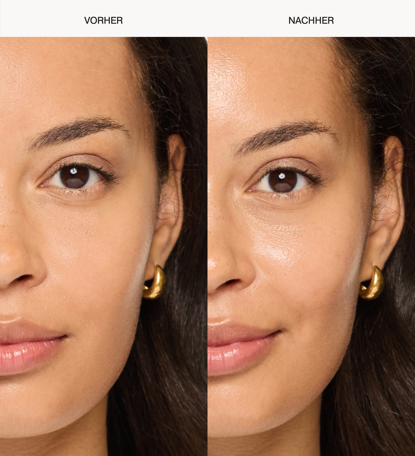 Meroda Cosmetics Daily Face SPF 40 Vorher-Nachher-Vergleich zeigt eine hydratisierte und strahlende Haut.